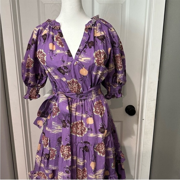 NWOT Ulla Johnson Dasha Popelin Ruffle Tier Purple Zinnia Floral Midi Dress - Picture 5 of 16